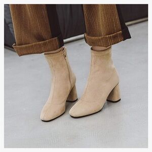 Ankle Boots Vegan Suede Zipper Chunky Block High Heel